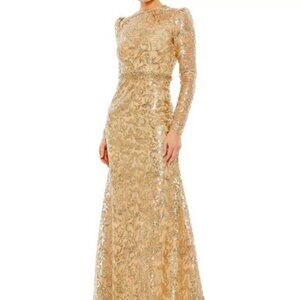 Mac Duggal Gold Embellished High Neck Long Sleeve Gown